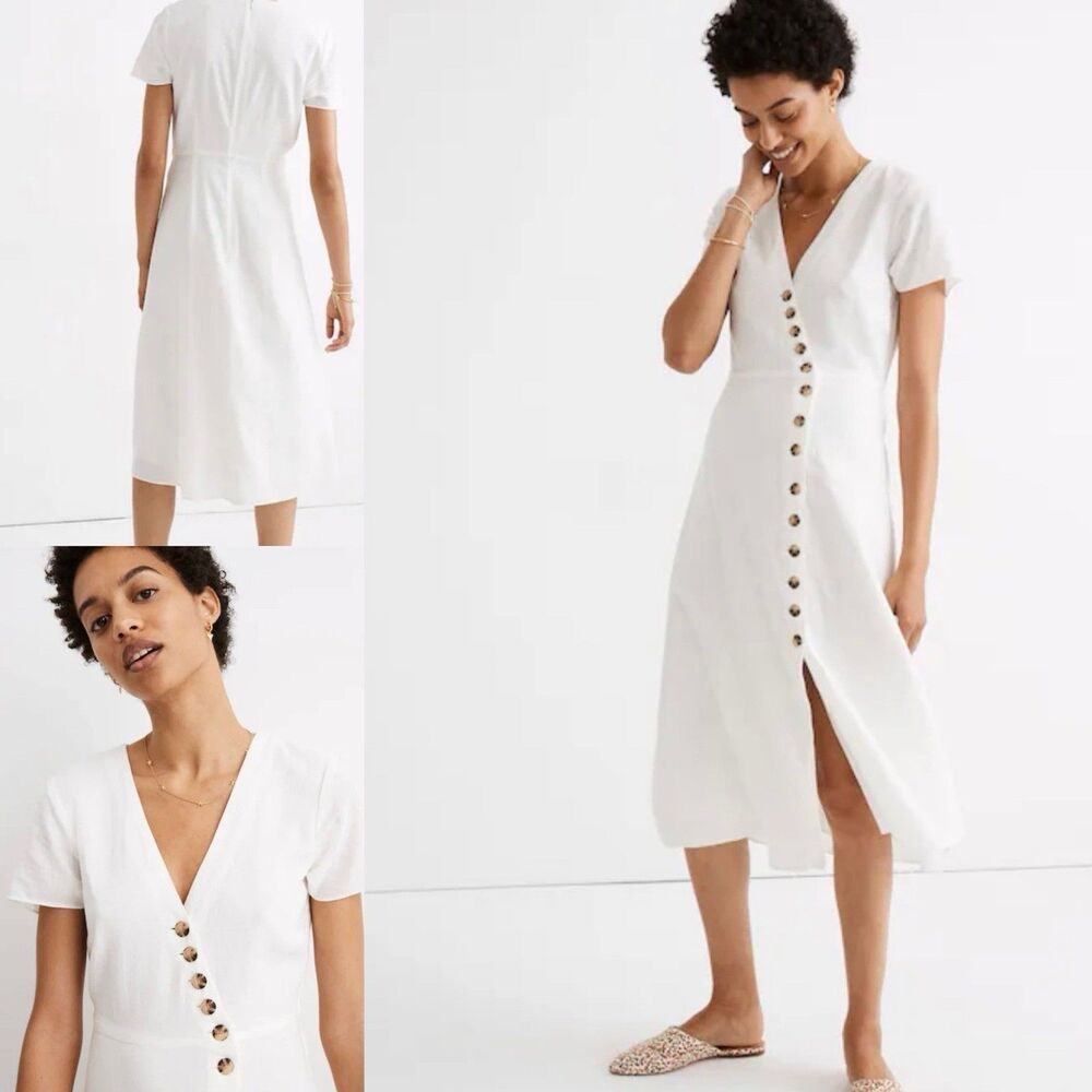Madewell Linen-Blend Button-Wrap Short Sleeve Lined‎ Midi Dress Women’s 4 Retro